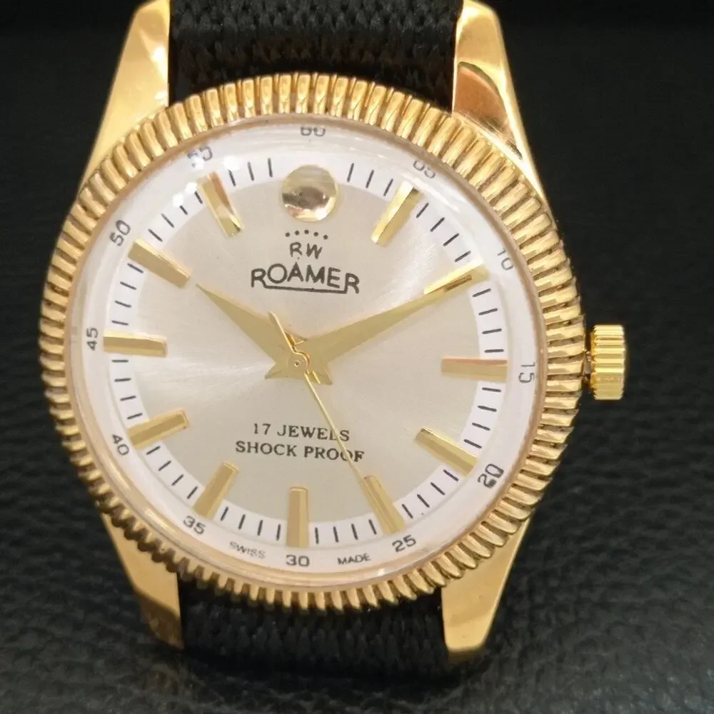 Vintage 1976 Roamer Manual Mens Gold Watch W/Nato Strap & White accents